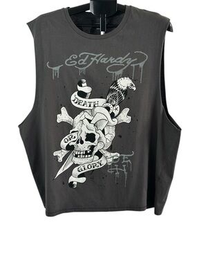 Ed Hardy Charcoal Gray Graphic Tank Top with White Skull Print Grunge Biker XXL